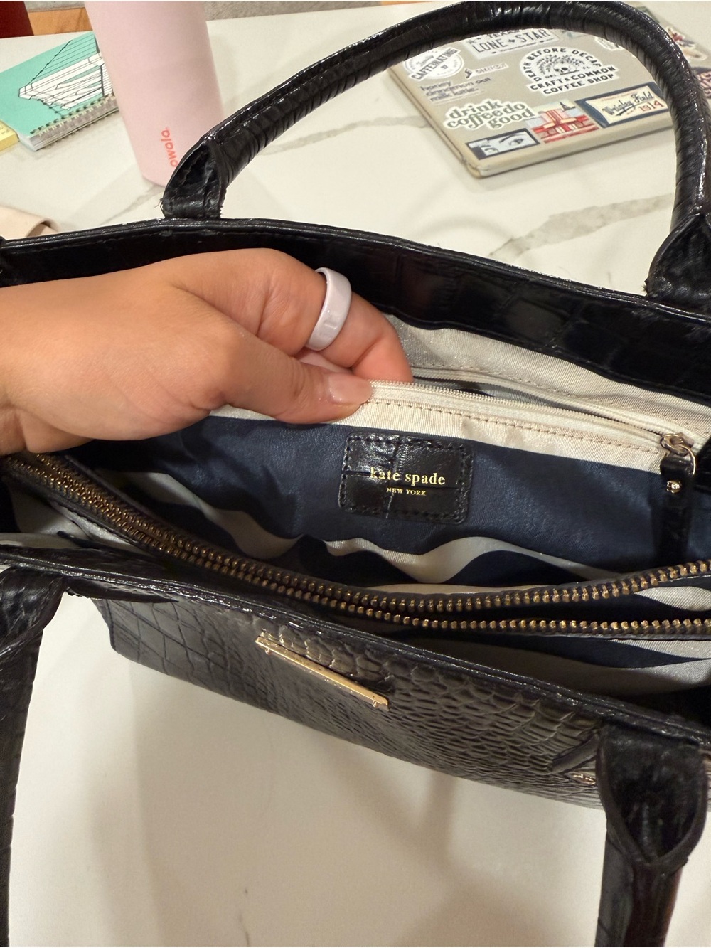 kate spade Black Croc-Embossed Satchel with Top Handles - Picture 3 of 6